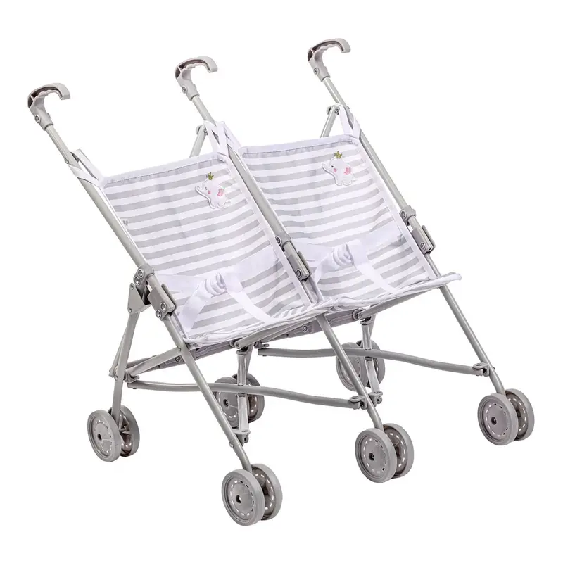 Berenguer Boutique: Twin Umbrella Baby Doll Stroller - Elephant Theme Grey