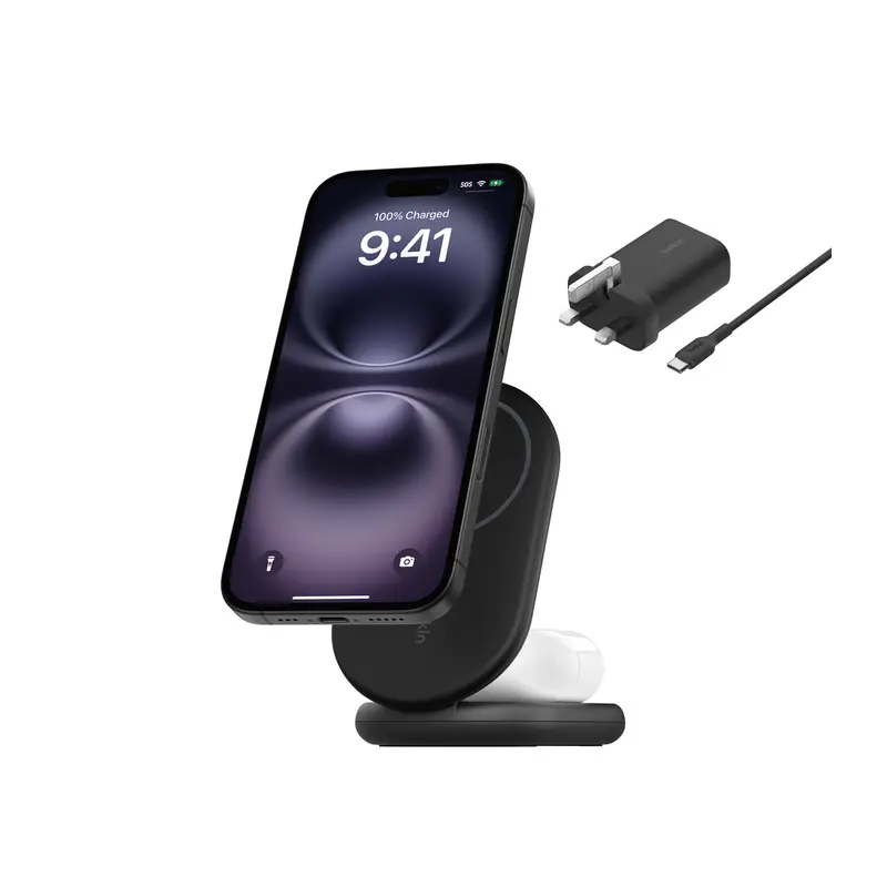 Belkin Boostcharge 2-in-1 Wireless Charging Stand With Magnetic Qi2 15W Black WIZ028myBK